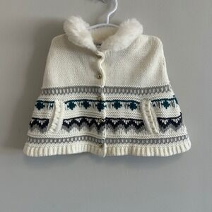 Janie and Jack Cream Fair Isle Knit‎ Fur Collar Cape Poncho  Baby 6-12 Months